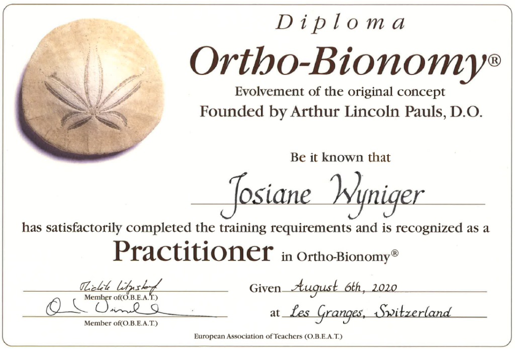Diplôme de praticienne en Ortho-Bionomy Josiane Wyniger